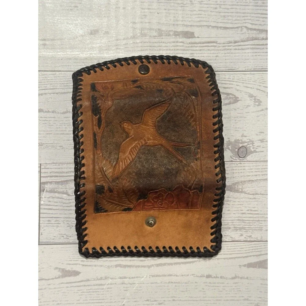 VTG Hand Tooled Leather Bird Floral Mini Key Case Western Whipstitch Tan Brown